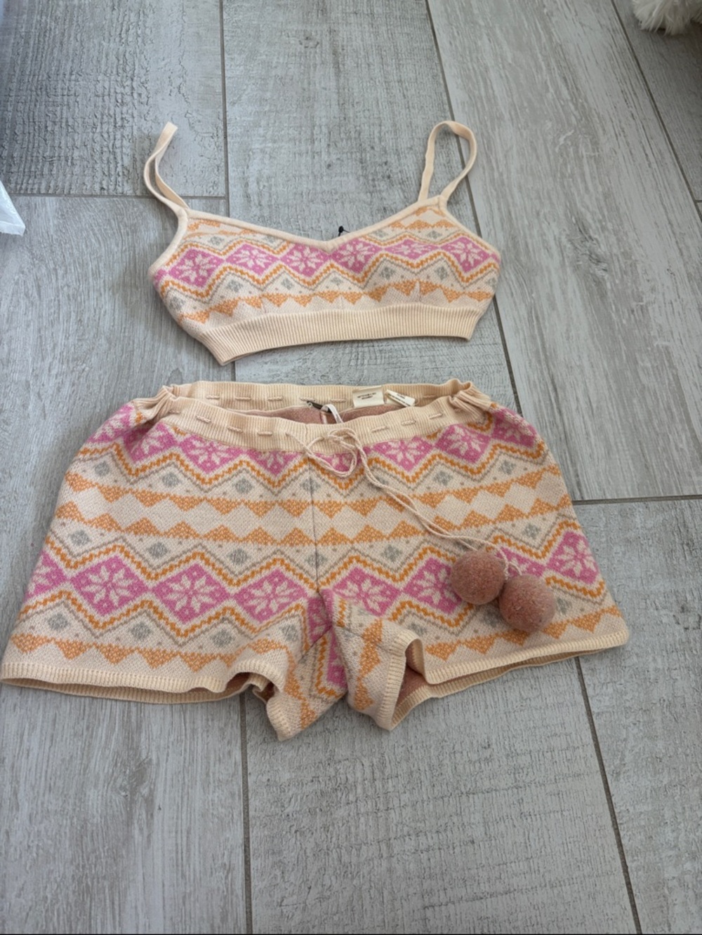 Free People Pink, Orange & Cream Knit Crop Top and Shorts Set